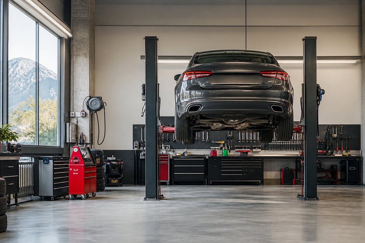 Fahrzeug auf einer Hebebühne in einer aufgeräumten Autogarage