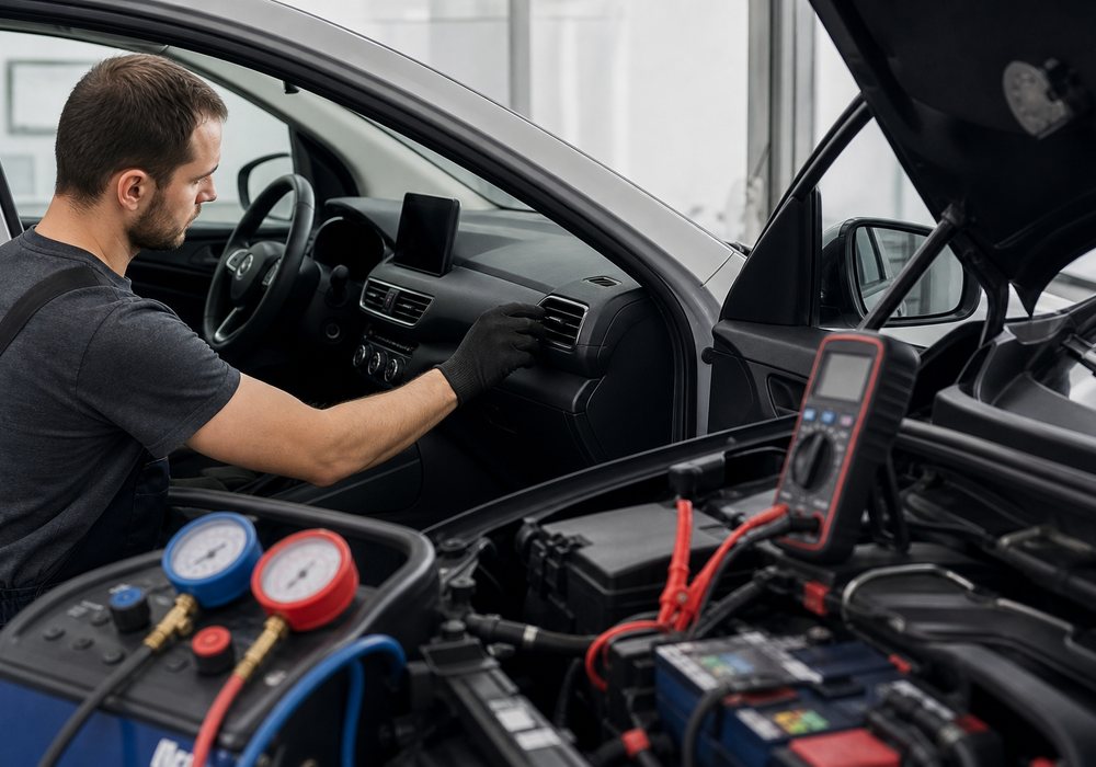 Messgerät und Klimaservicegeräte bei einer elektrischen Prüfung am Fahrzeug