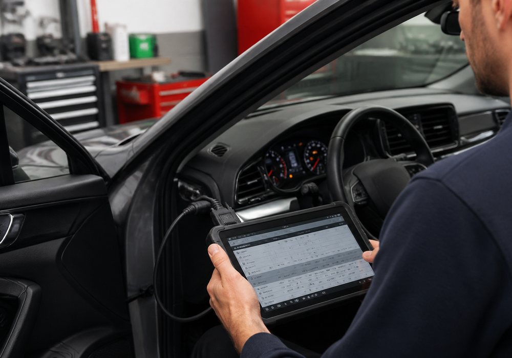 Diagnosetablet ist mit einem Fahrzeug in der Werkstatt verbunden