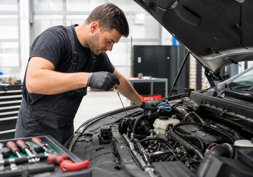 Techniker prüft Motorraum und Flüssigkeiten bei einem Fahrzeugservice